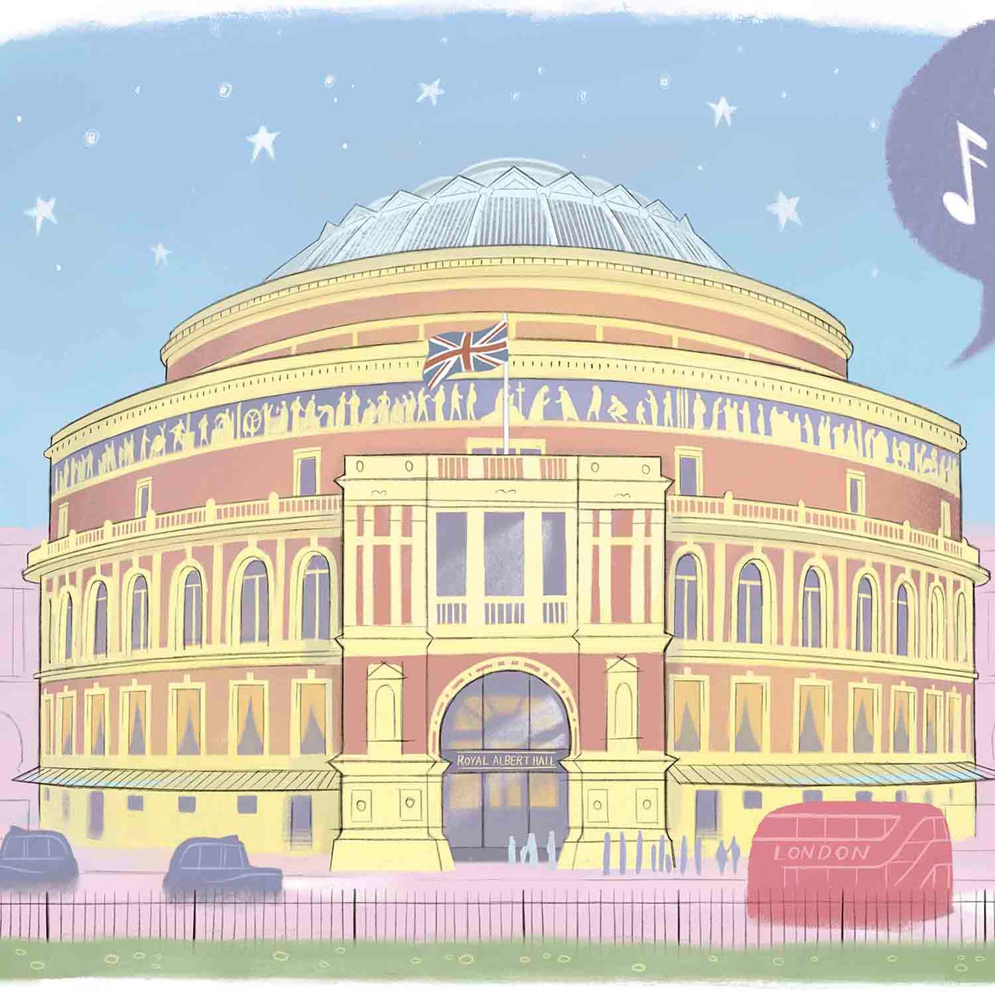 Detail from a print of London's Royal Albert Hall beautifully illustrated by Mike Green.