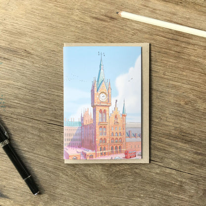 Greetings card with a painting of St Pancras International Railway Station in London by Mike Green Illustration with a pencil