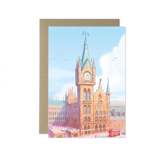 Greetings card with painting of St Pancras International Railway Station in London by Mike Green Illustration