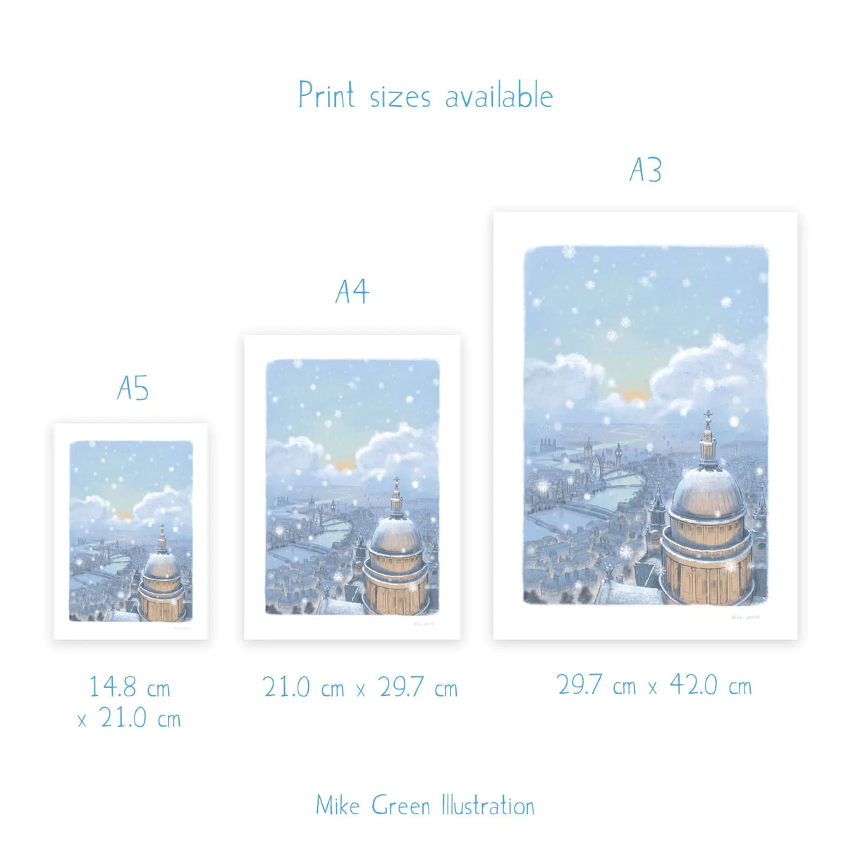 Sizes for wall art prints of St Paul's Cathedral and London skyline in the evening with falling snow.