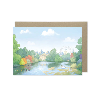 London's St James Park east view beautifully illustrated on a greeting card by mike green illustration.