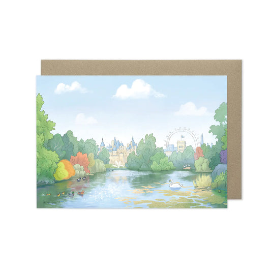 London's St James Park east view beautifully illustrated on a greeting card by mike green illustration.