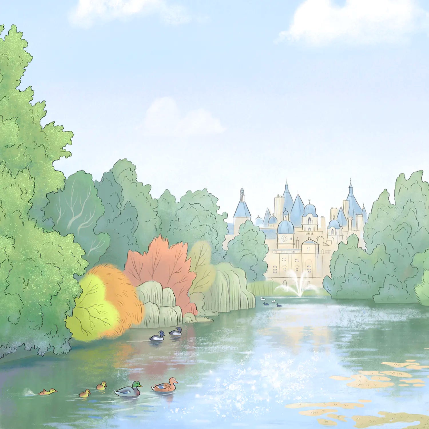 Detail from a painting of London's St James's Park lake by Mike Green Illustration