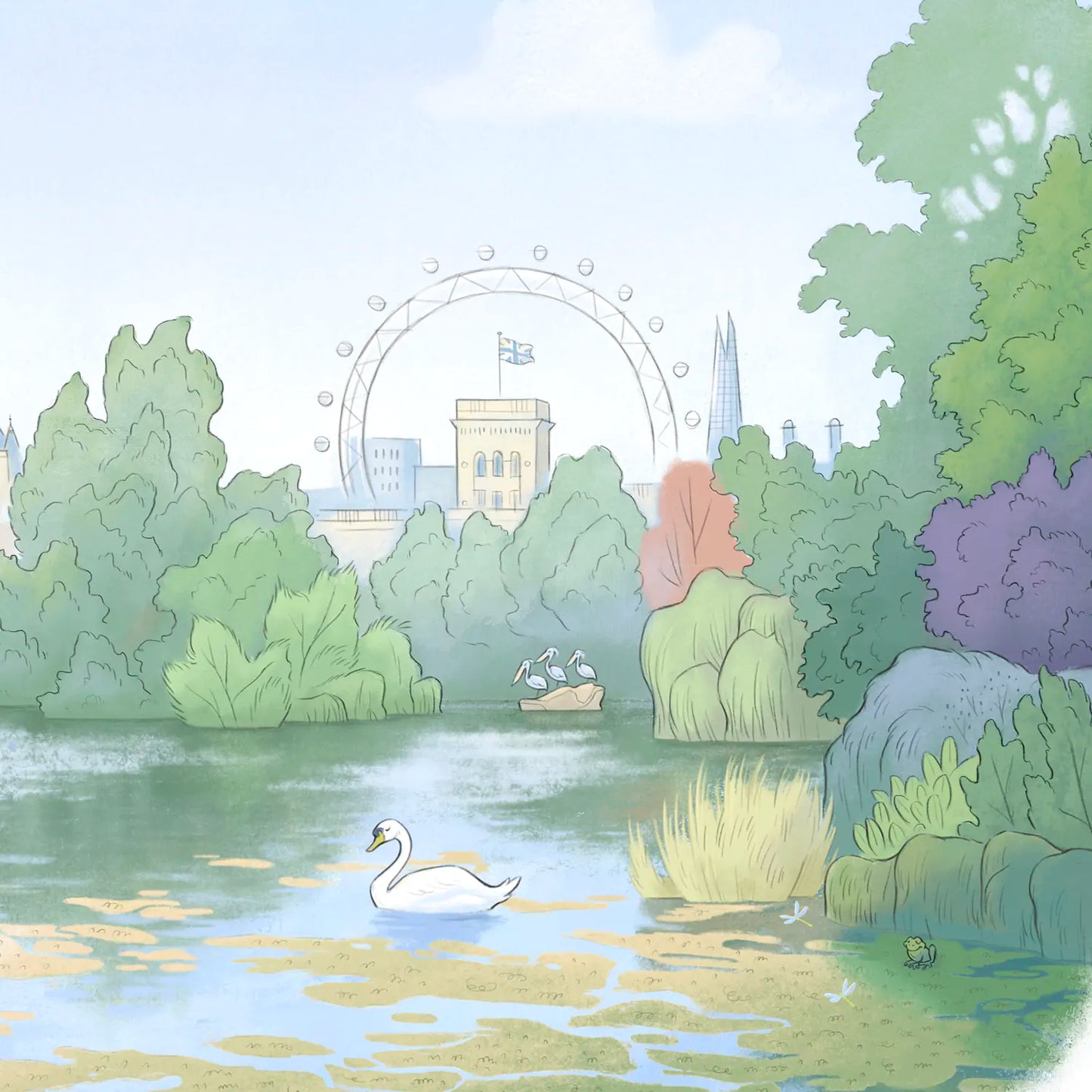 Detail from a painting of London's St James's Park lake by Mike Green Illustration