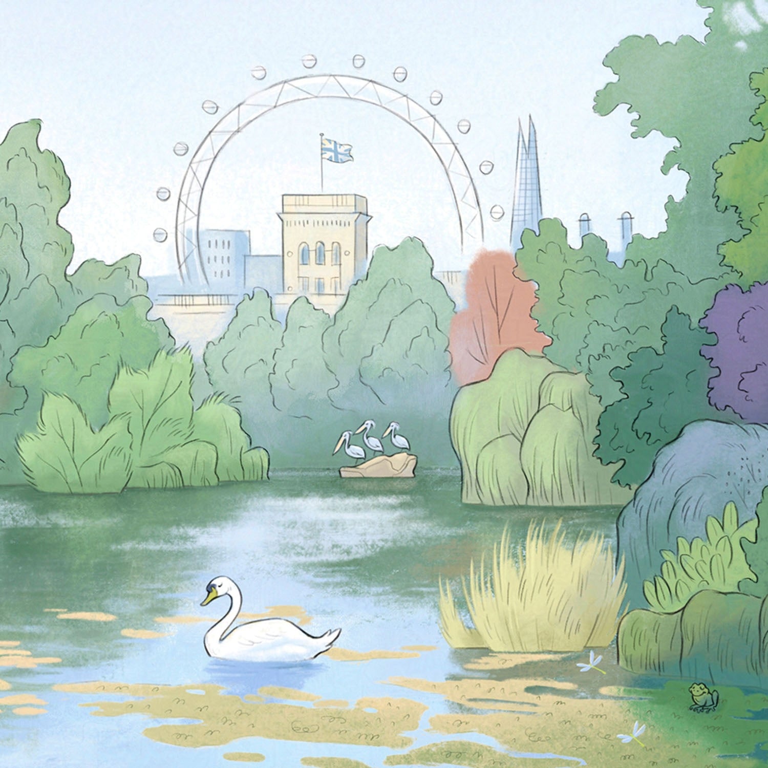 Detail from a painting of London's St James's Park lake.