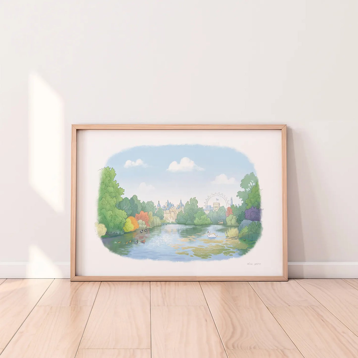 Framed print of a painting of London's St James's Park lake by Mike Green Illustration