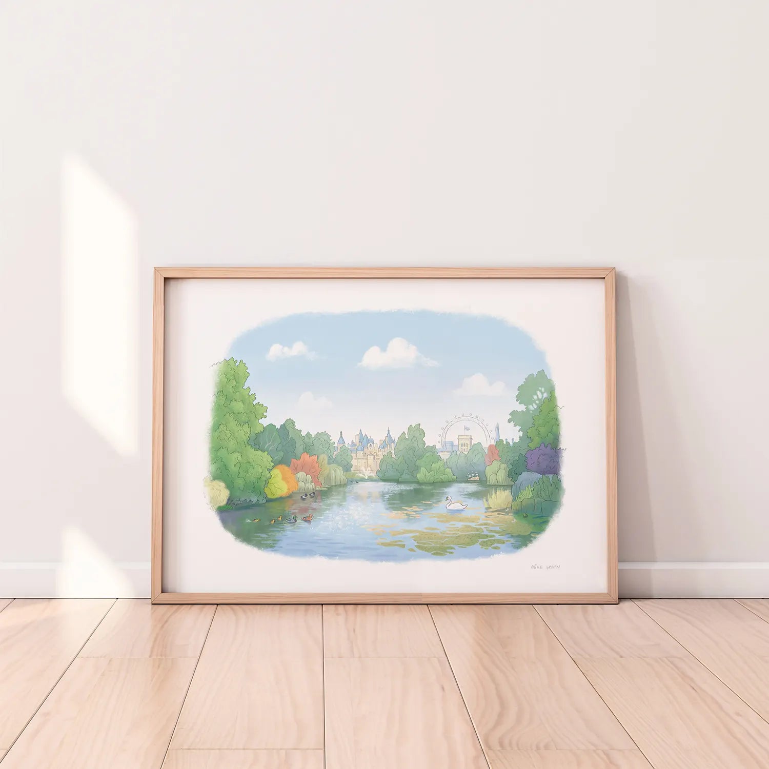 Framed print of a painting of London's St James's Park lake by Mike Green Illustration