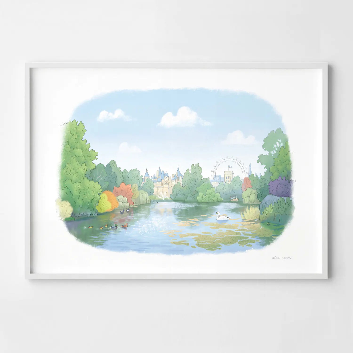 Framed print of painting of London's St James's Park lake by Mike Green Illustration