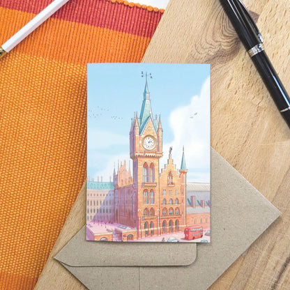 Greetings card with a painting of St Pancras International Railway Station in London by Mike Green Illustration with envelope