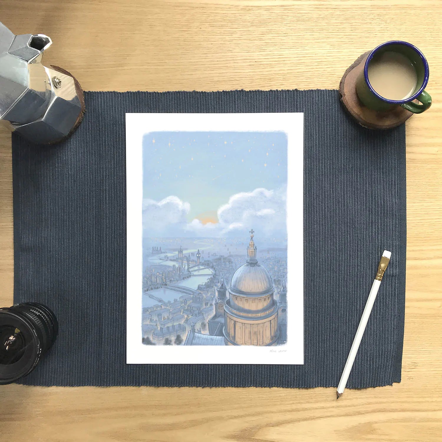 Wall art print of a painting of the London skyline at night with St Paul's Cathedral and a starry sky