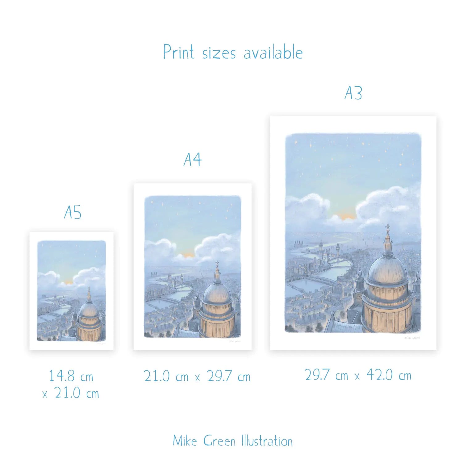 Wall art print sizes for a painting of London skyline at night from St Paul's Cathedral