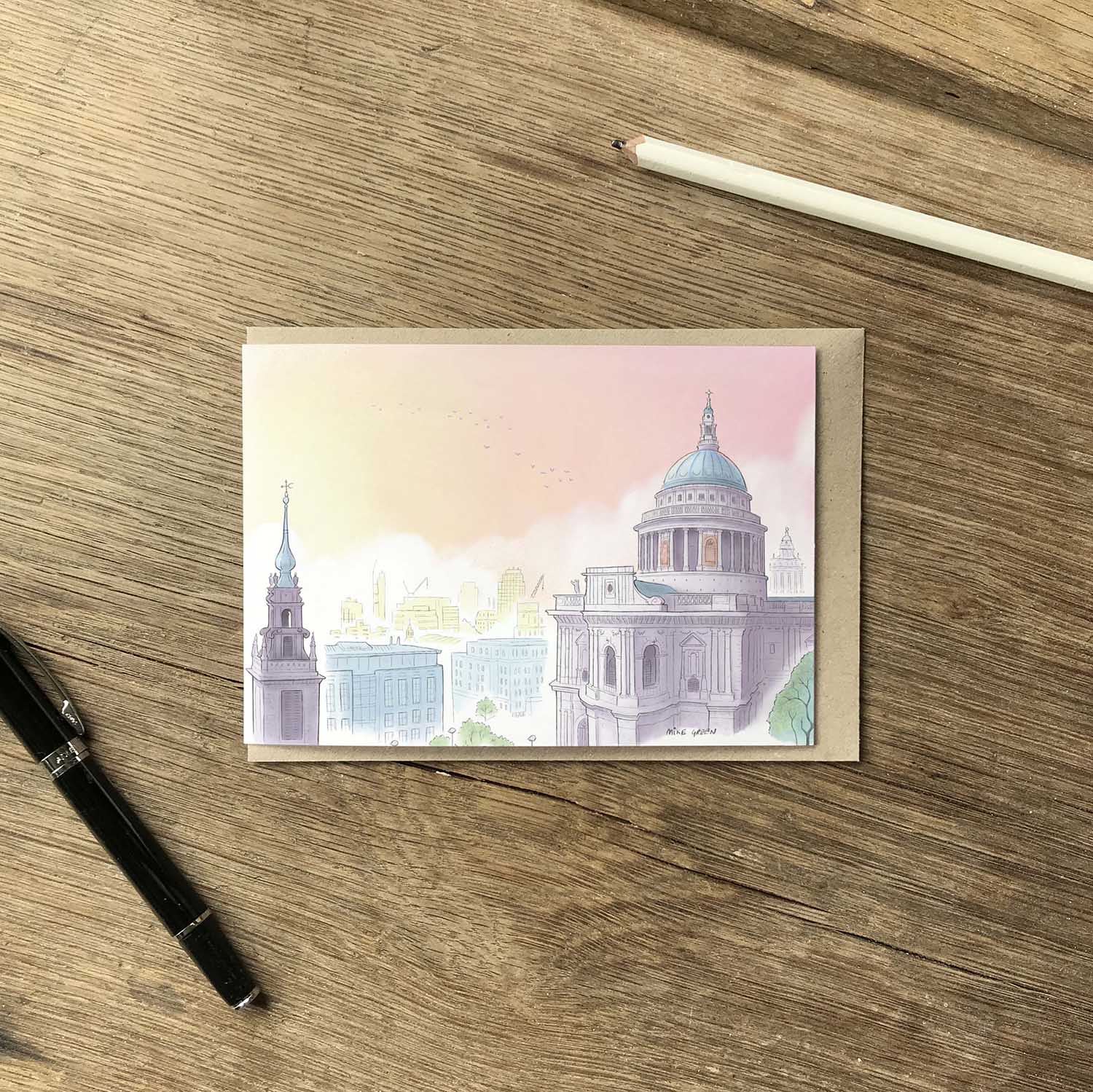 London's St Pauls Cathedral skyline at dusk illustration on a greeting card by mike green illustration.