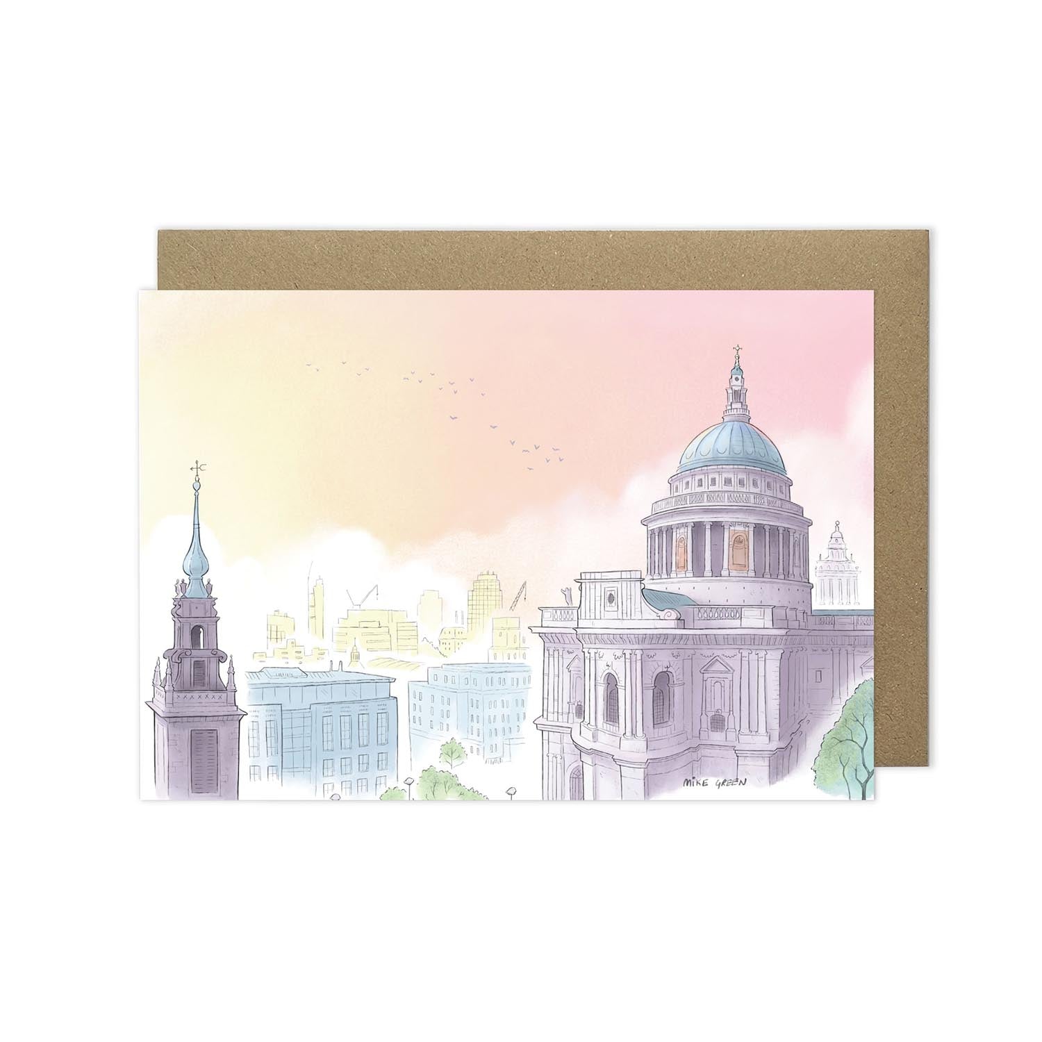 London's St Pauls Cathedral skyline at dusk illustration on a greeting card by mike green illustration.