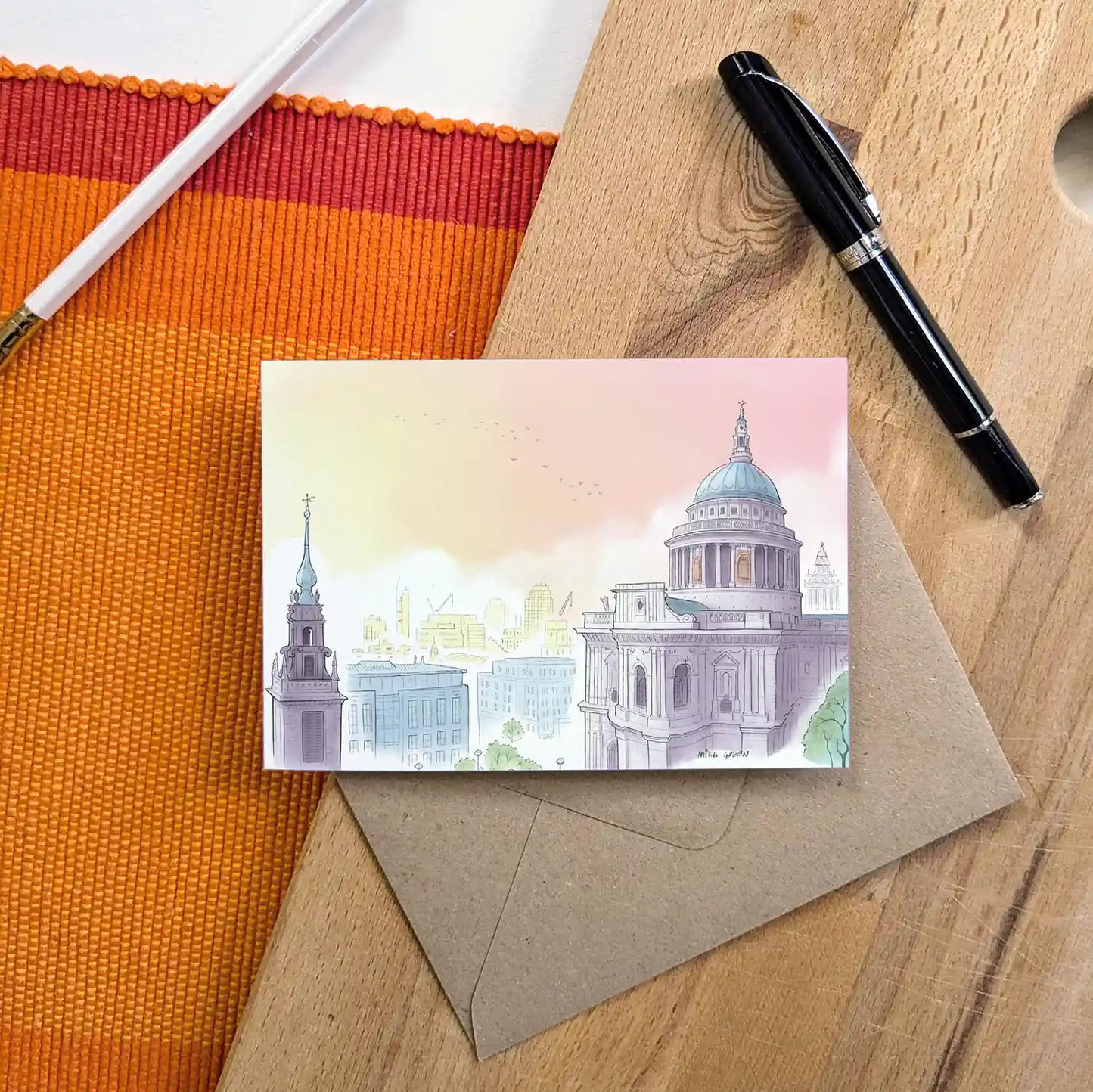 London's St Pauls Cathedral skyline at dusk illustration on a greeting card by mike green illustration.