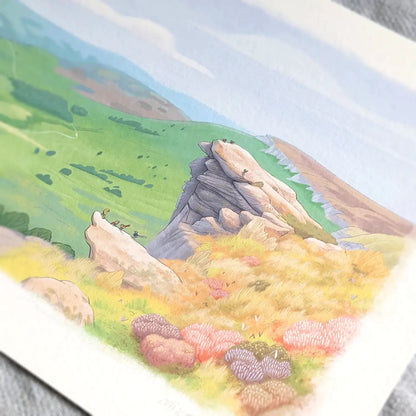 Photo of an art print of a painting of the view from Stanage Edge in the Peak District National Park in Derbyshire England.