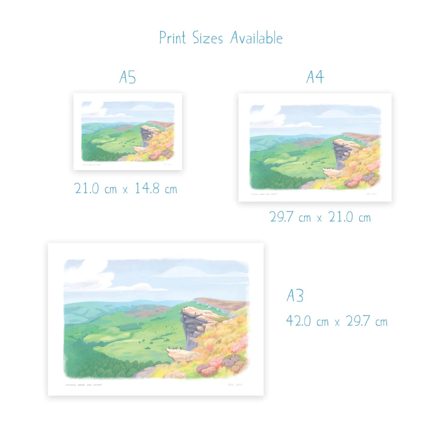 Dimensions for wall art prints of a painting of the view from Stanage Edge in the Peak District National Park in Derbyshire England.