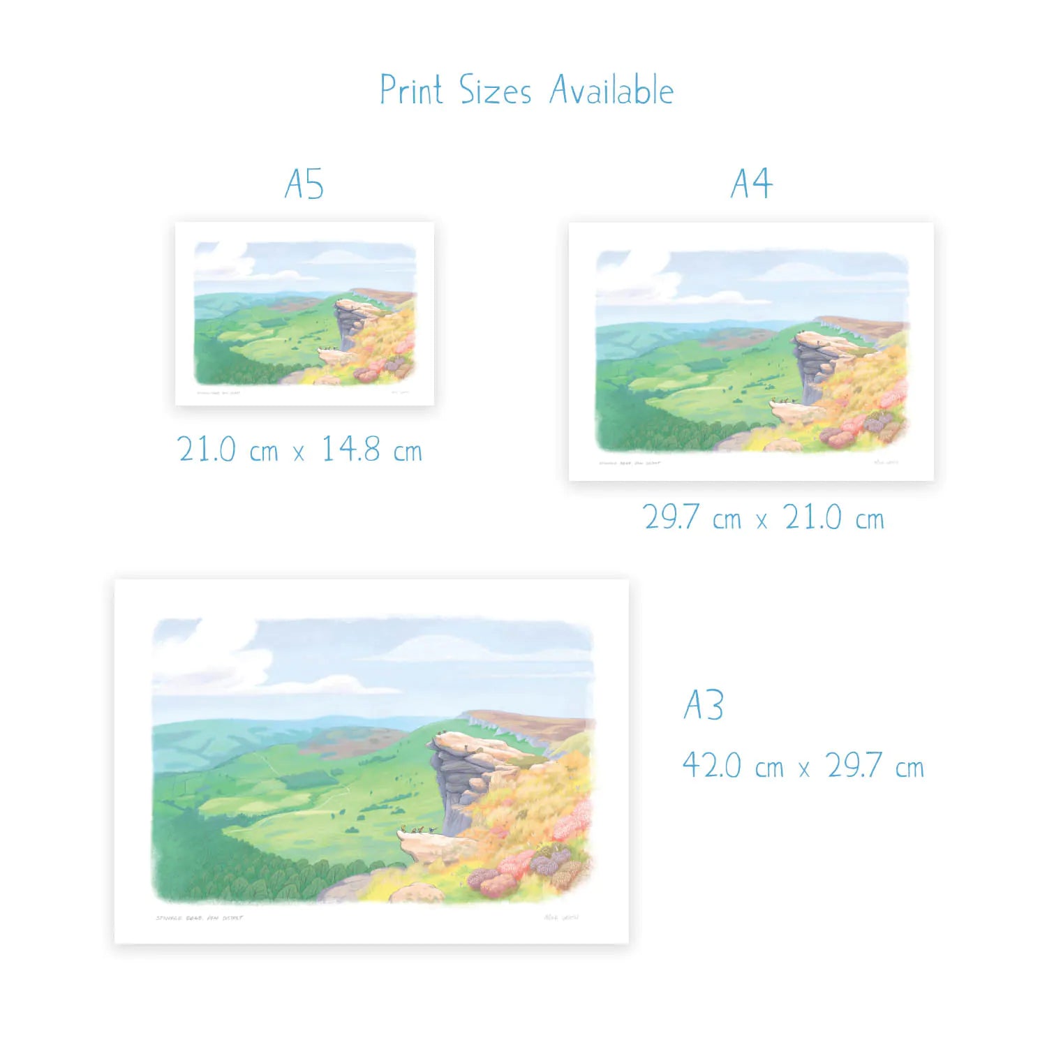 Dimensions for wall art prints of a painting of the view from Stanage Edge in the Peak District National Park in Derbyshire England.