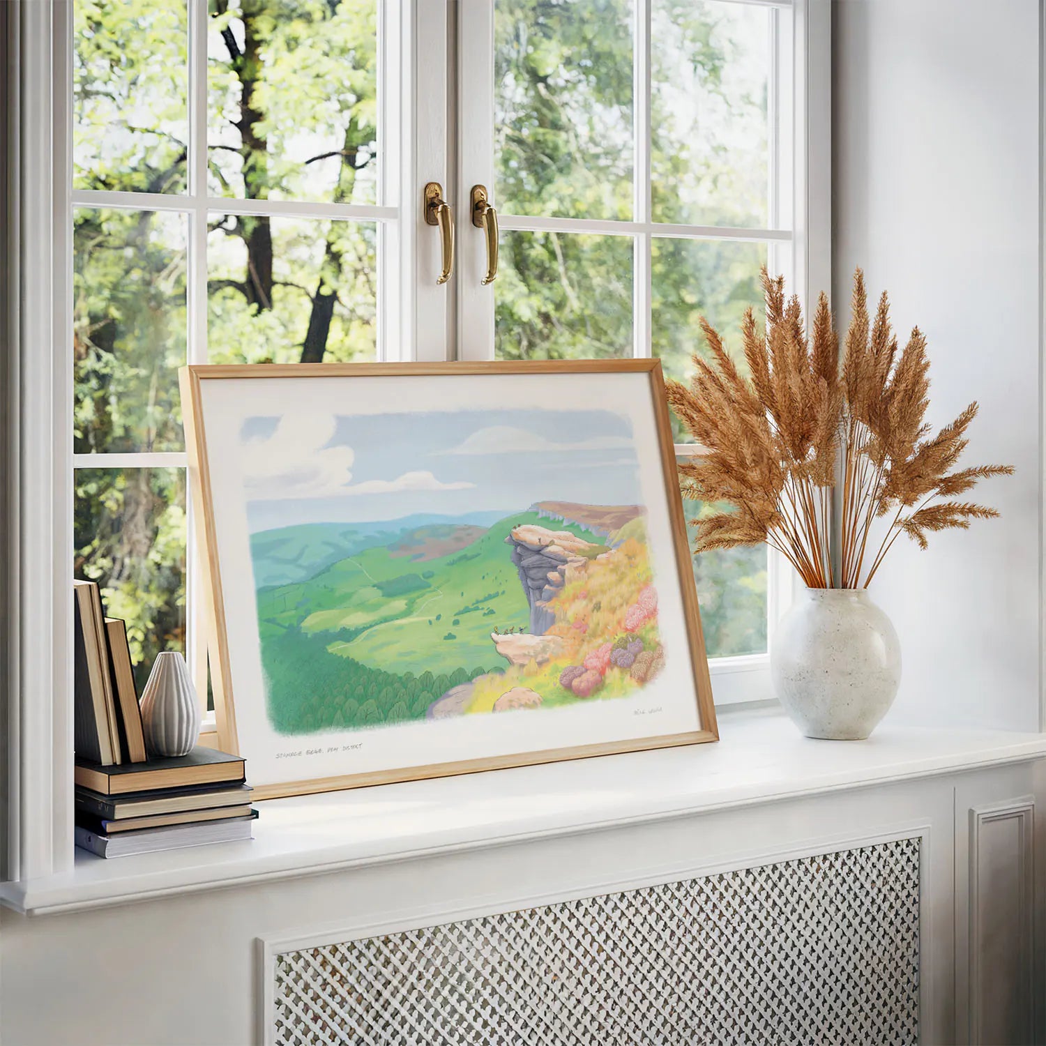Framed art print of a painting of the view from Stanage Edge in the Peak District National Park in Derbyshire England.