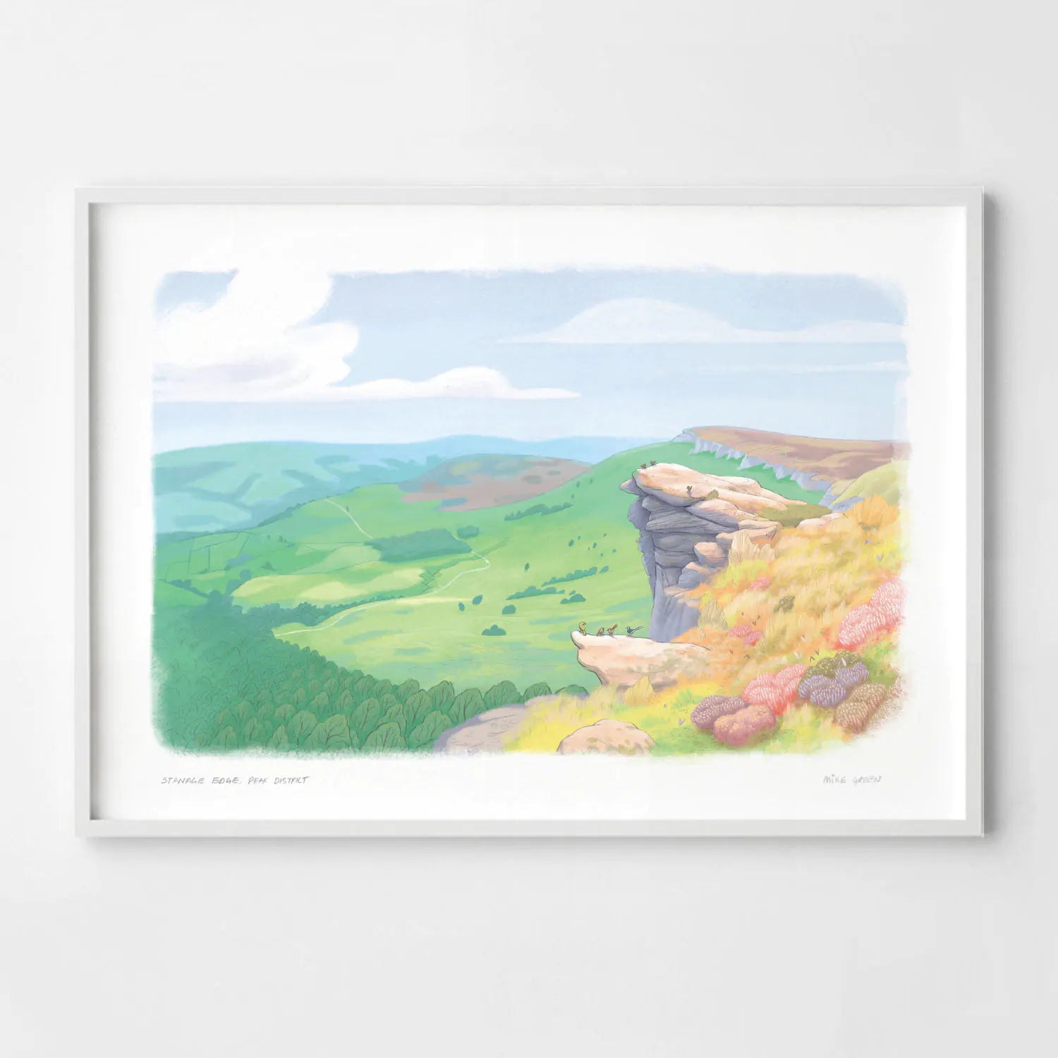 Framed art print of a painting of the view from Stanage Edge in the Peak District National Park in Derbyshire England.