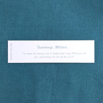 Text on the back of a bookmark with a painting of Stonehenge in Wiltshire England