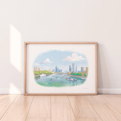 A framed print of a painting of the view from London's Waterloo Bridge towards St Paul's Cathedral by Mike Green Illustration