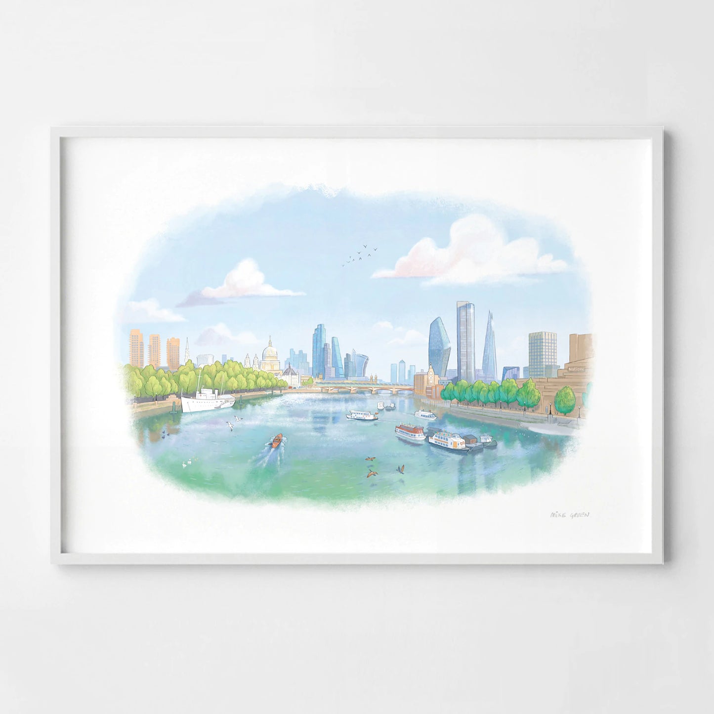 A framed print of a painting of the view from London's Waterloo Bridge towards St Paul's Cathedral by Mike Green 