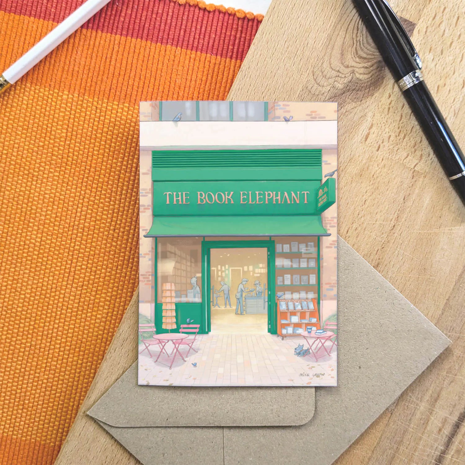 Greetings card of The Book Elephant book shop in Elephant and Castle south London with a pen and pencil