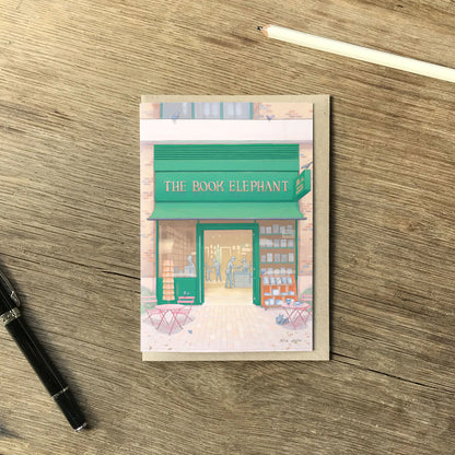Greetings card of The Book Elephant book shop in Elephant and Castle south London with a pen and pencil