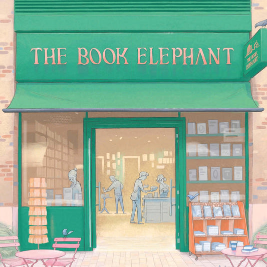 Detail from a wall art print of a painting of The Book Elephant shop in London's Elephant & Park with people shopping for books