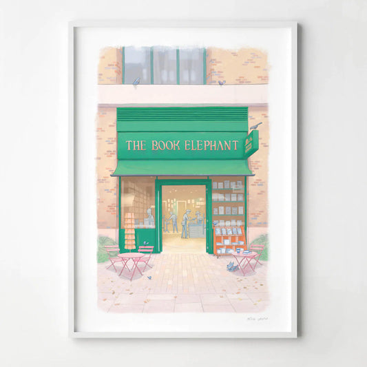 Wall art print of The Book Elephant shop with tables and a dog