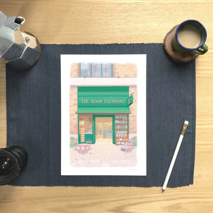Wall art print The Book Elephant shop in London with a coffee and pencil