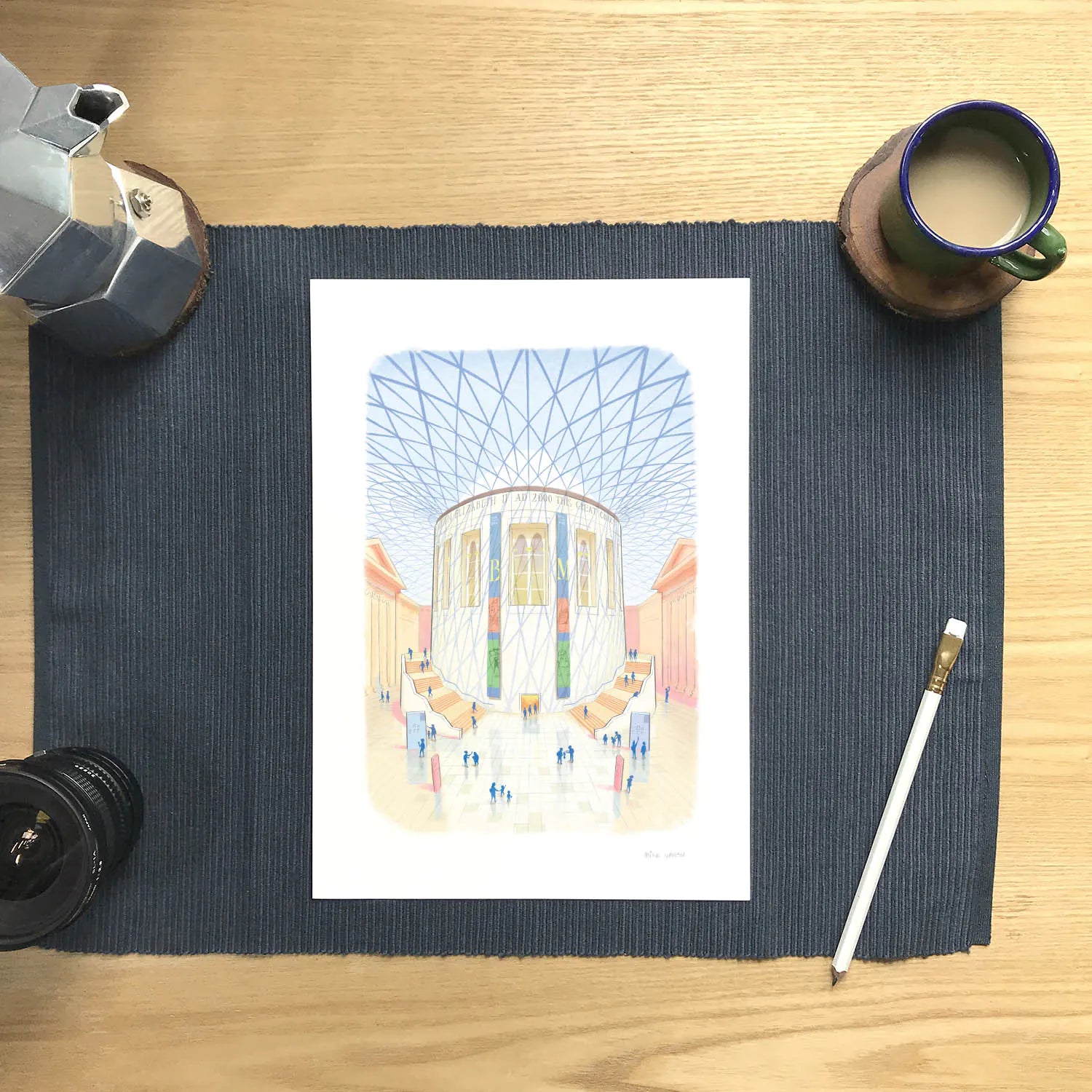 Wall art print of the British Museum great court in London with a coffee cup and pencil