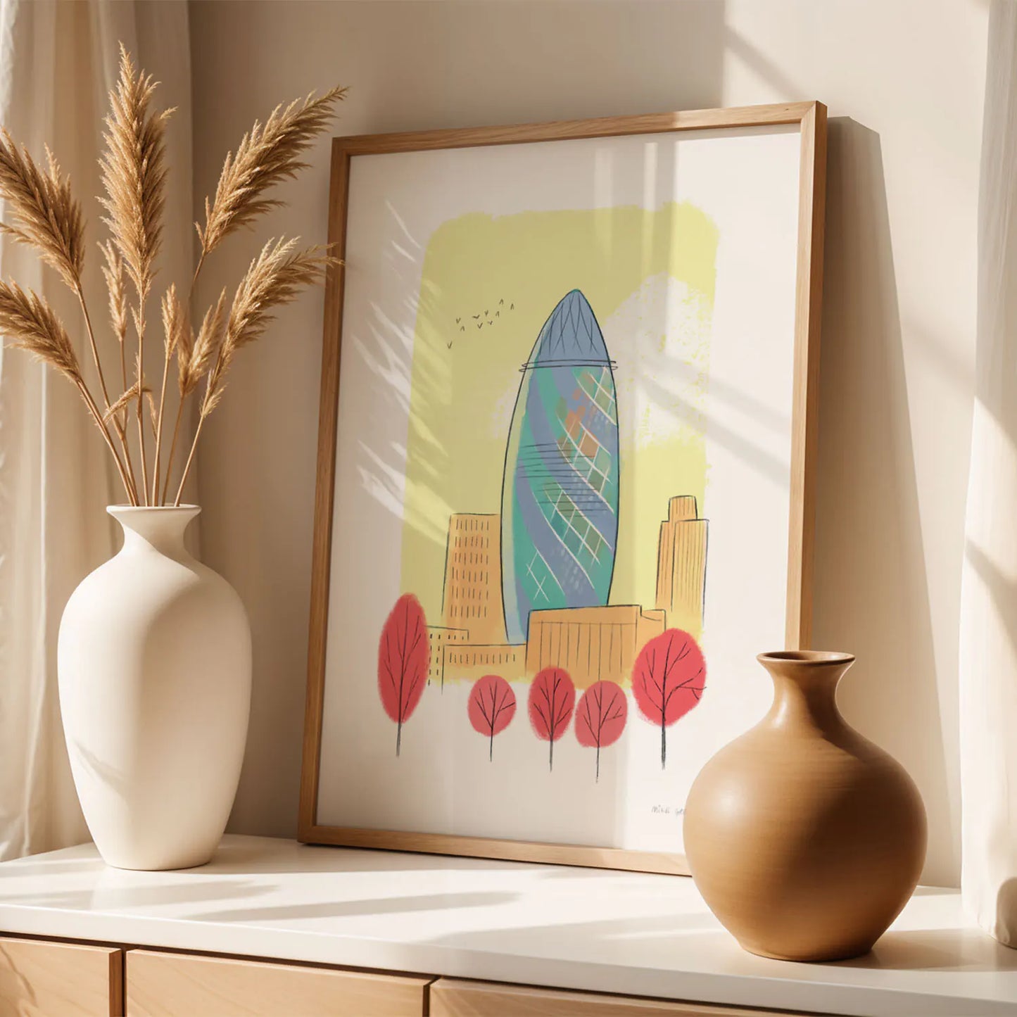 Art print of London's The Gherkin framed with vases