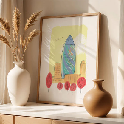 Art print of London's The Gherkin framed with vases
