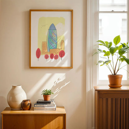Art print of London's The Gherkin framed with vases and plants
