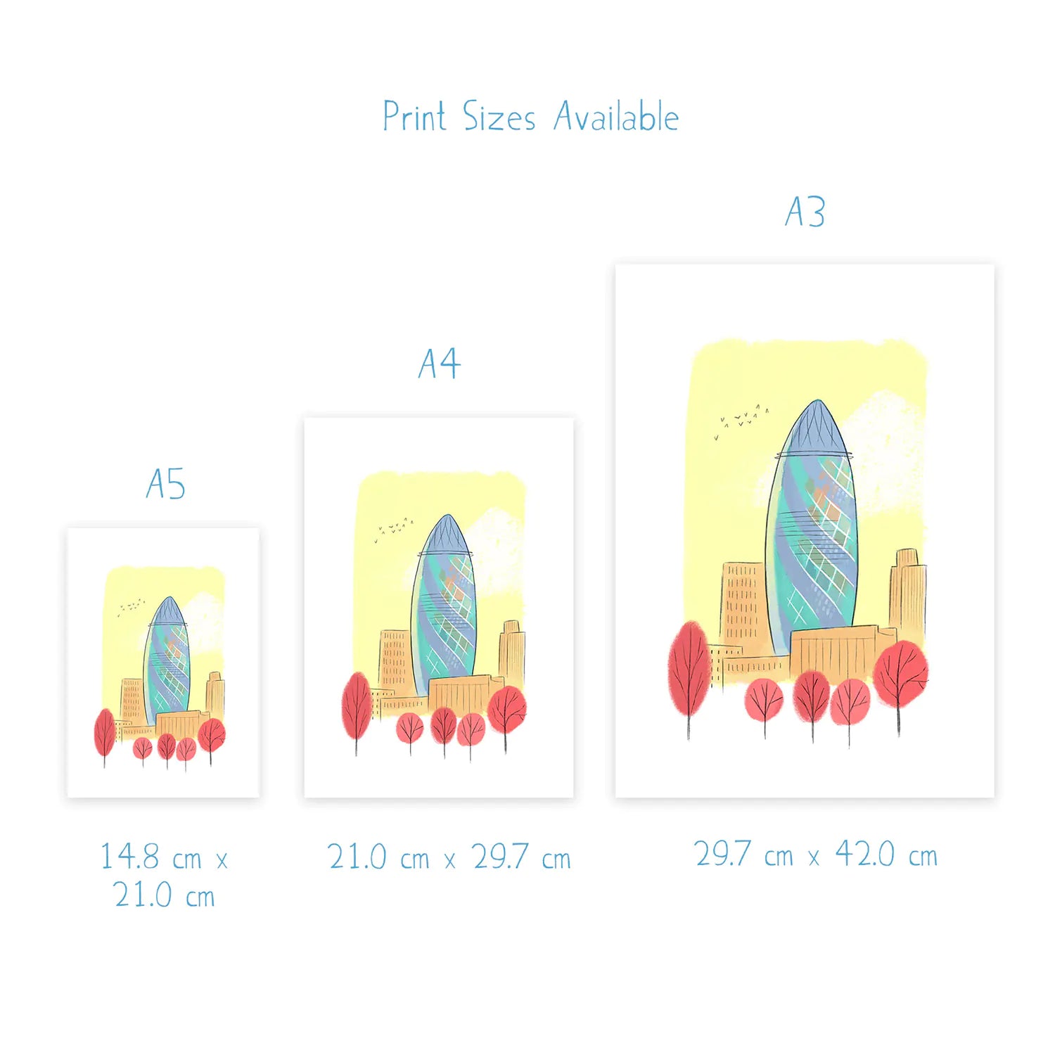 Sizes for art prints of London's The Gherkin building illustrated by Mike Green Illustration