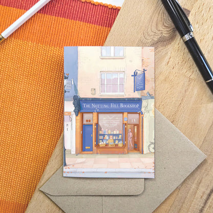 Greetings card with an illustration of London's The Notting Hill Bookshop in the Autumn with an envelope