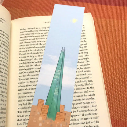 The Shard London bookmark by Mike Green Illustration resting on a book