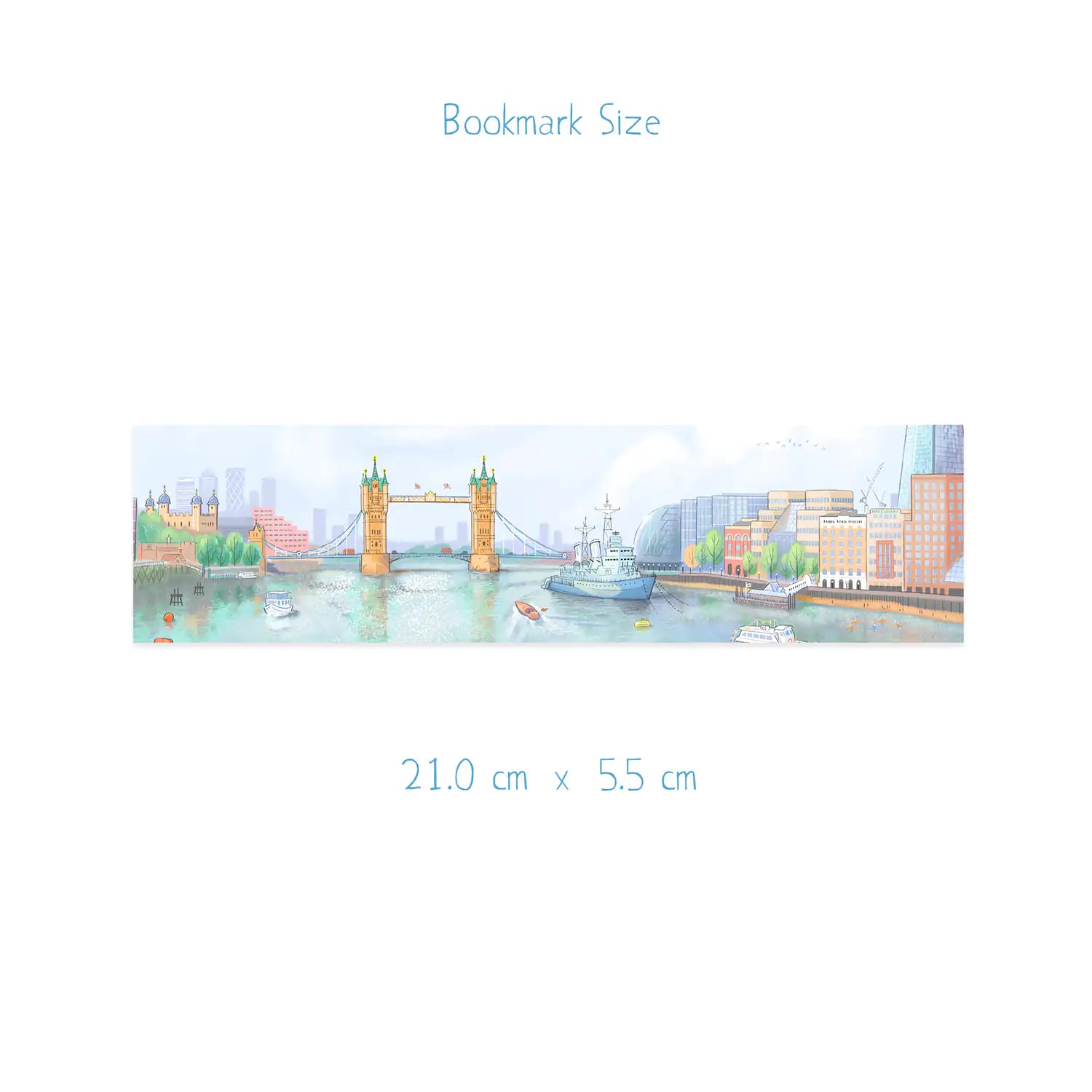 Tower bridge on the river Thames in London illustrated on a bookmark with its dimensions