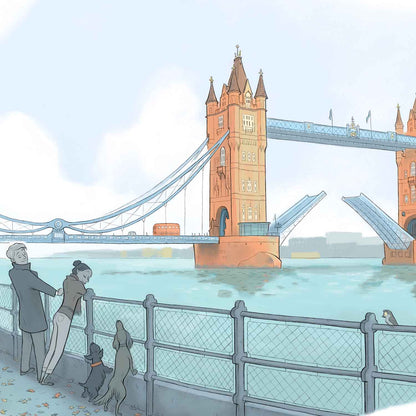 Detail from a painting of London's Tower Bridge on the Thames with a couple and their two dogs