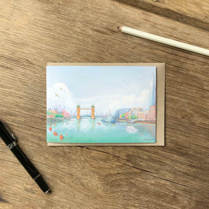 Illustration of the view of Tower Bridge on the Thames from London Bridge on a greetings card