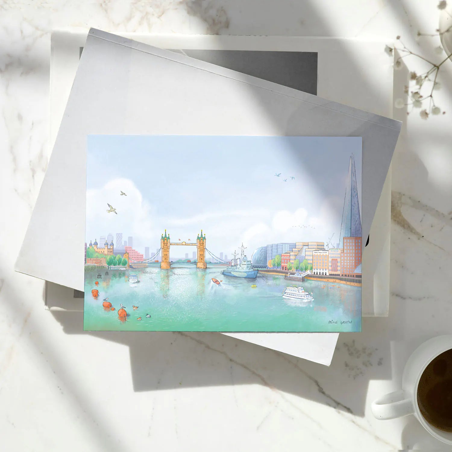 Greetings cards with a painting of the view of Tower Bridge on the Thames from London Bridge