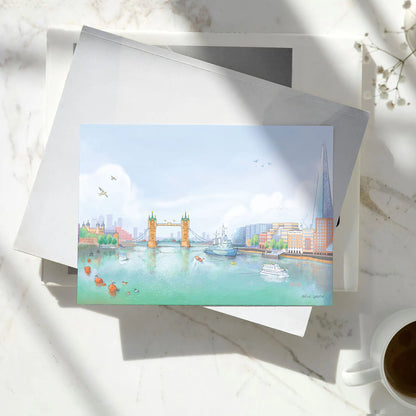 Greetings cards with a painting of the view of Tower Bridge on the Thames from London Bridge