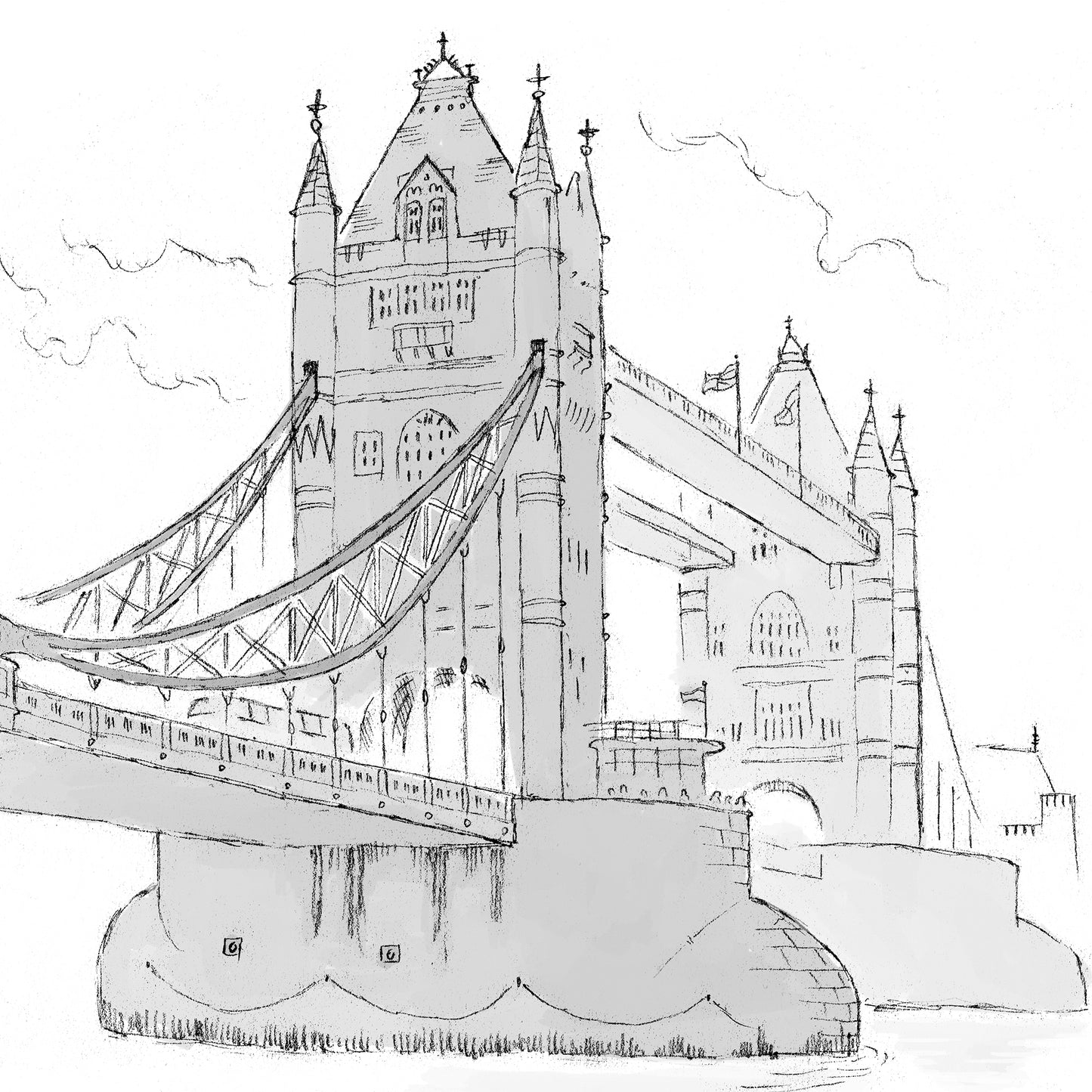 Detail from a print of London's Tower Bridge beautifully sketched by Mike Green.