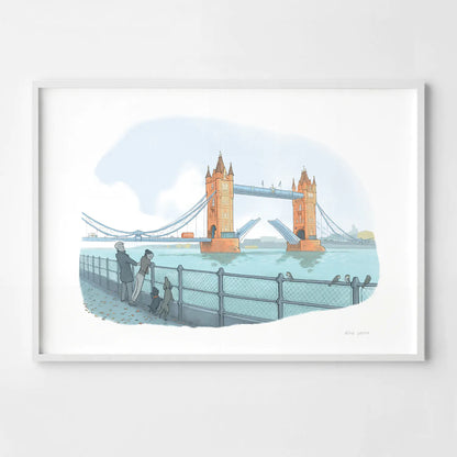 Framed print of London's Tower Bridge on the Thames with a couple and their dogs