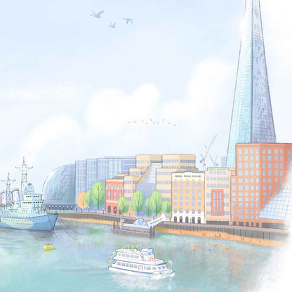 Detail showing the Shard from a painting of the view of Tower Bridge on the Thames from London Bridge by Mike Green Illustration