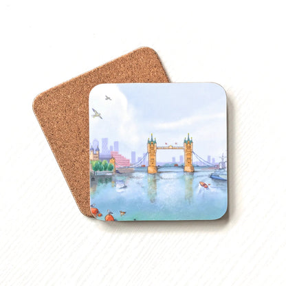 Melamine and cork coaster with painting of London's Tower Bridge and boats on the river Thames