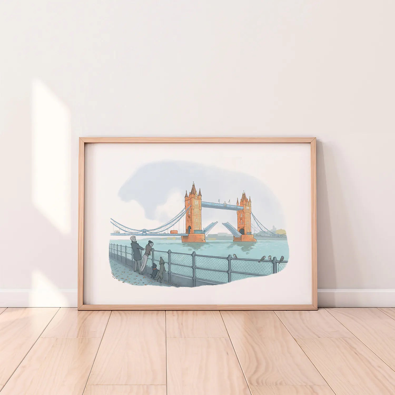 Framed print of London's Tower Bridge on the Thames with a couple and their dogs