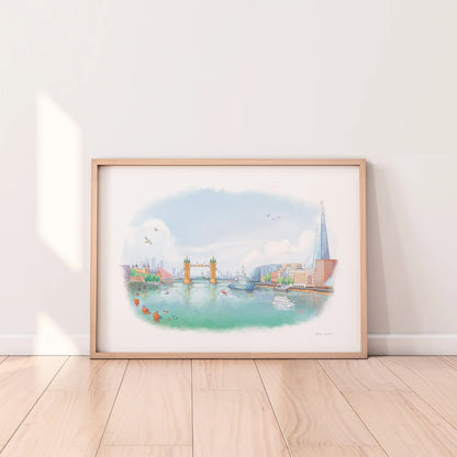 Framed print of a painting of the view of Tower Bridge on the Thames from London Bridge by Mike Green Illustration