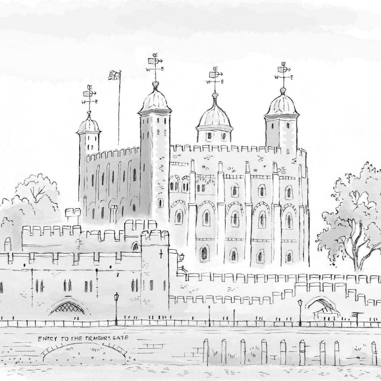 Detail of Tower of London sketched by Mike Green.